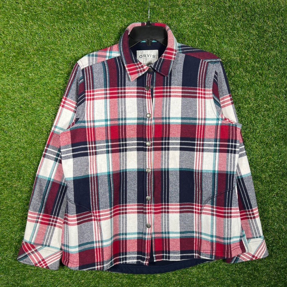 Orvis Womens Large Red Plaid Fleece Lined Flannel Shirt Jacket Snap Front